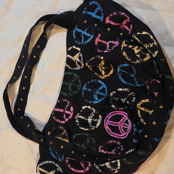 Boho Peace Sign Canvas Tote Shoulder Bag Black with Multicolor Peace Signs - Picture 1 of 8